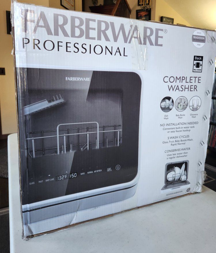 New Farberware Countertop Dishwasher FDW05ASBWHA No install. Small kitchen, RV, Boat. pressure wash, steam, drying, glass view