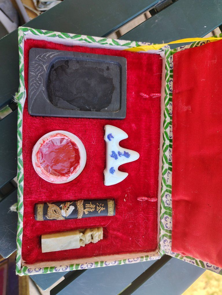 Vintage Chinese Calligraphy Set (Four Treasures of the Study) - Inkstone, Ink Stick, Brush Rest, Seal