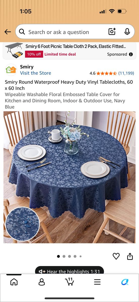 Smiry 60x60 Inch Round Vinyl Tablecloth Waterproof Floral Embossed Navy Blue