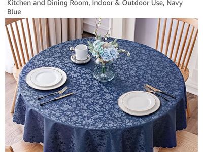 Smiry 60x60 Inch Round Vinyl Tablecloth Waterproof Floral Embossed Navy Blue