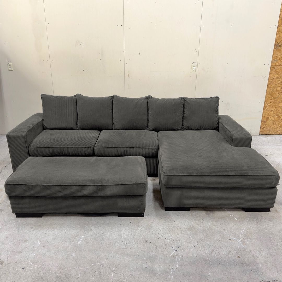 FREE DELIVERY - Corduroy Brown/Gray Sectional Couch & Ottoman