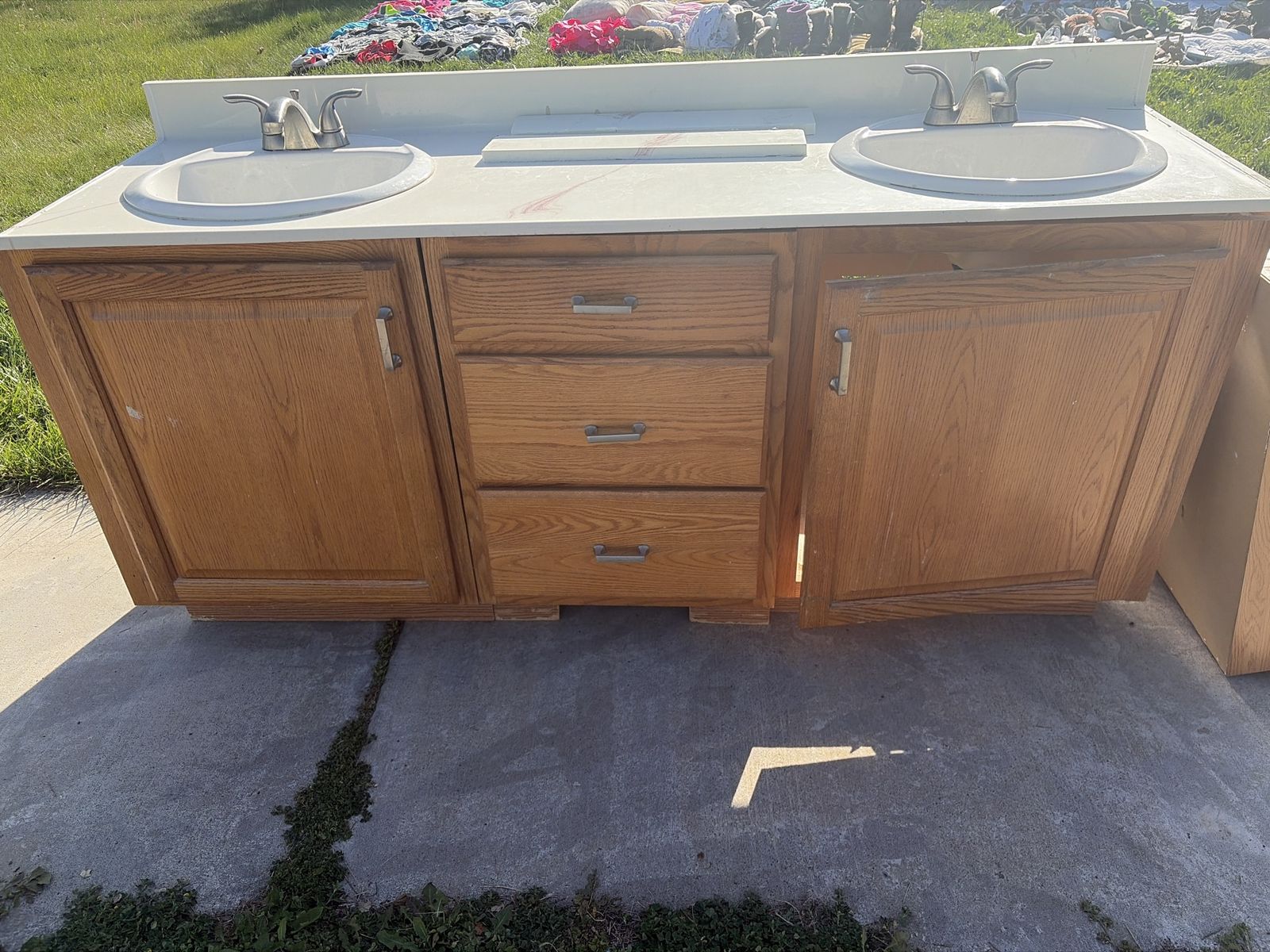 Oak Finish Double Sink Bathroom Vanity with Faucets - Used Condition