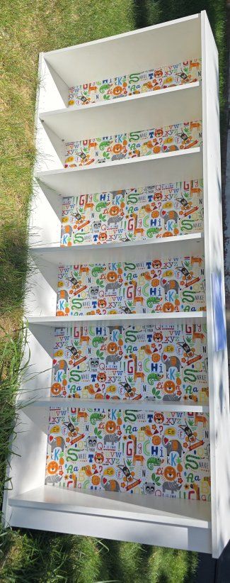 Free White Wood Bookcase with Custom Animal Alphabet Backing - 5 Shelves