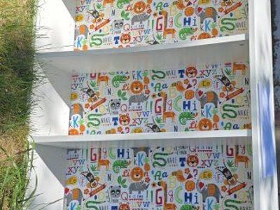 Free White Wood Bookcase with Custom Animal Alphabet Backing - 5 Shelves