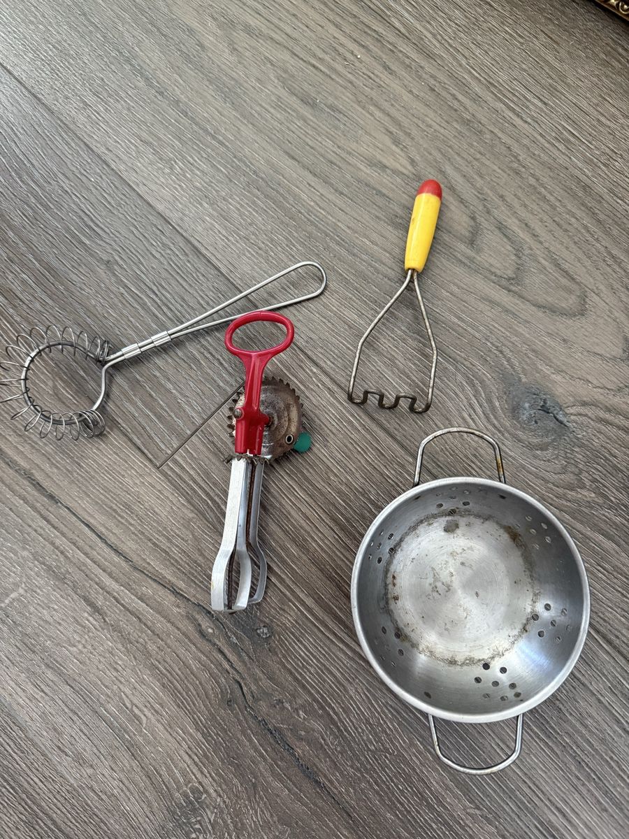 Vintage children Kitchen Utensil Lot: Colander, Whisk, Egg Beater, Potato Masher - Rustic Charm