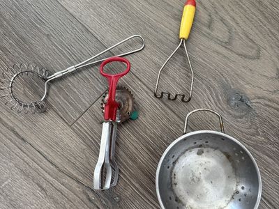 Vintage children Kitchen Utensil Lot: Colander, Whisk, Egg Beater, Potato Masher - Rustic Charm