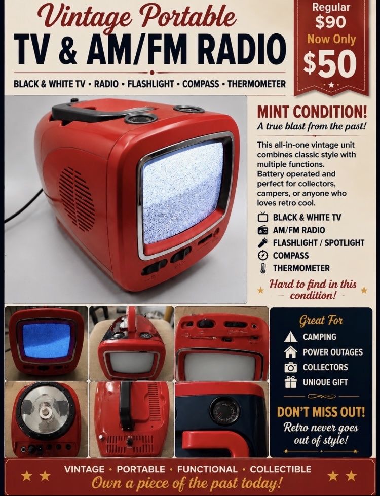 Vintage Retro Portable Black & White TV with AM/FM Radio, Flashlight, Compass & Thermometer