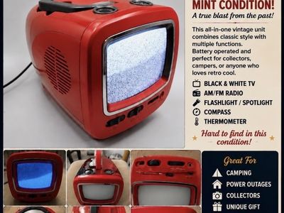 Vintage Retro Portable Black & White TV with AM/FM Radio, Flashlight, Compass & Thermometer