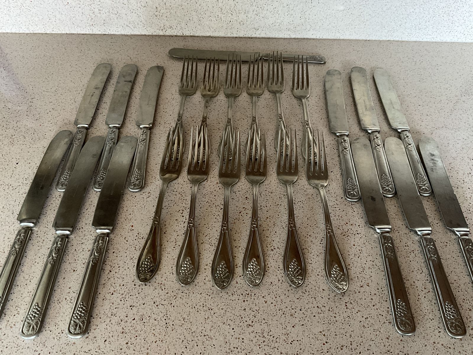 1910 lasher silver plated grape pattern knife & fork collection