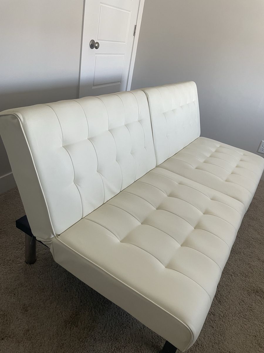 White Tufted Faux Leather Futon Sofa Bed