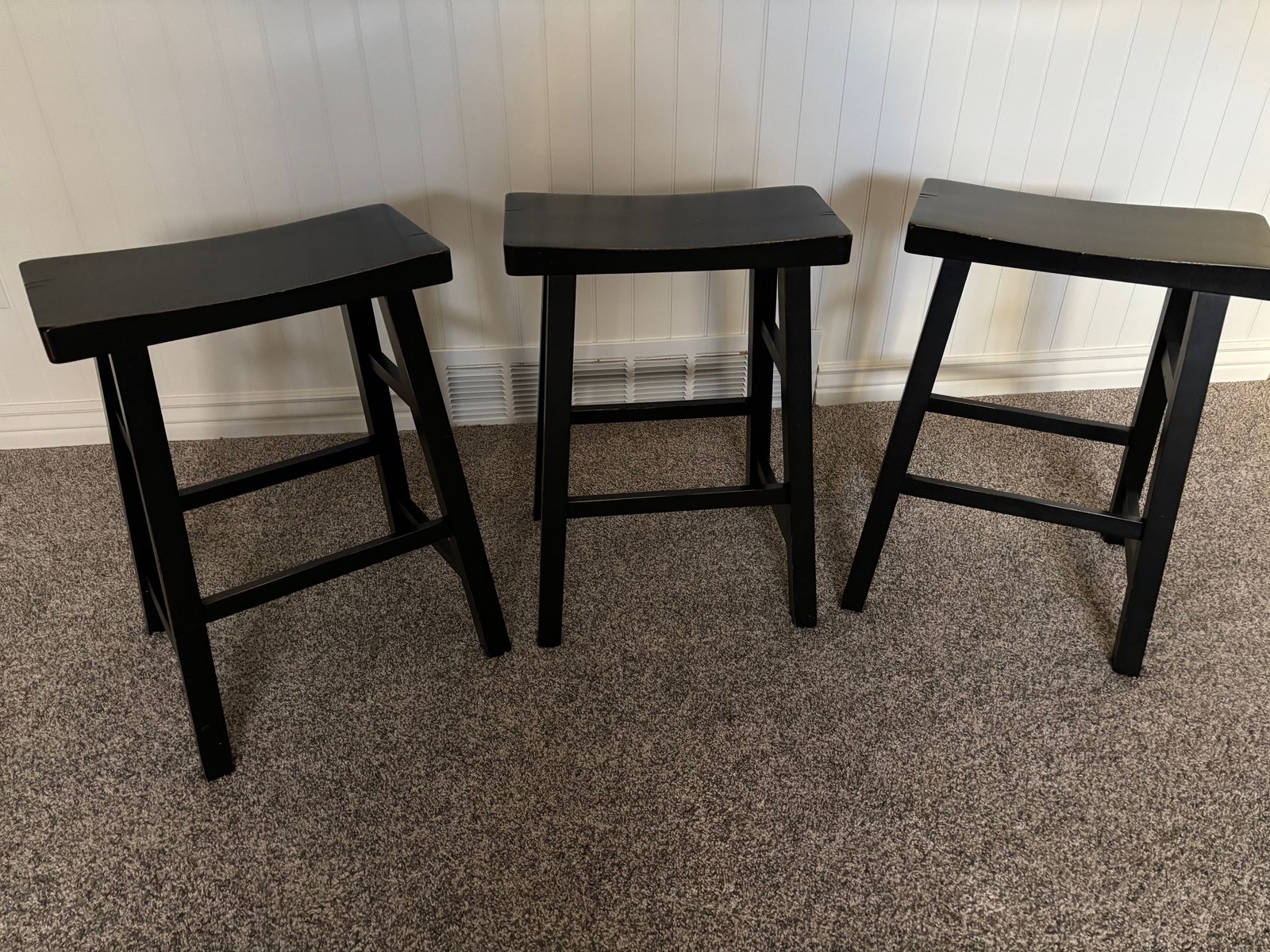 THREE BLACK WOOD BARSTOOLS