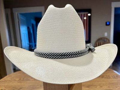 Shangtung White Straw Cowboy Hat Size 7 with Black and White Hat Band, made in USA