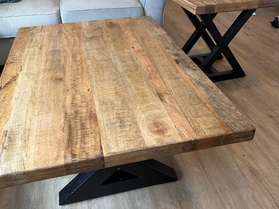 Industrial Wood and Black Metal Coffee Table