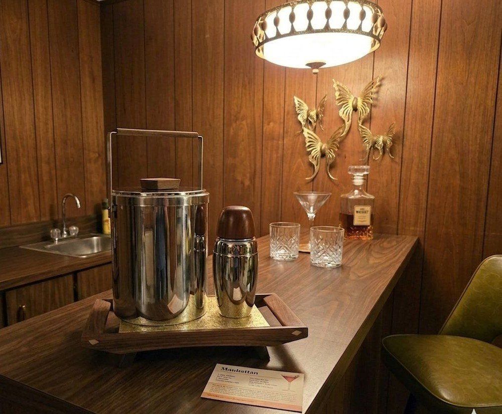 Mid-Century MCM Kromex Barware Set - Ice Bucket, Shaker, Electric Tray & Butterfly Wall Decor