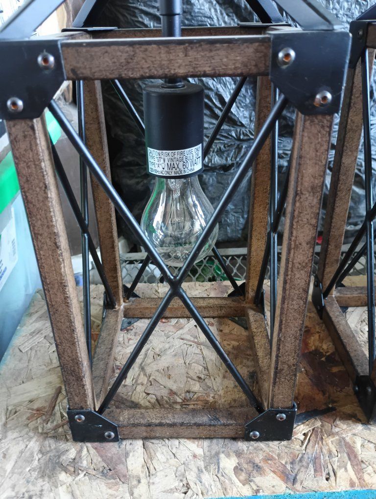 Rustic Farmhouse Style Pendant Lights - Set of 2, Wood & Metal Cage Design