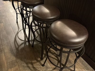 Set of 4 Swivel Bar Stools - Brown Faux Leather & Bronze Metal Frame, 35-inch Seat Height