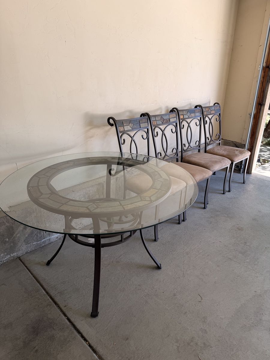 Glass Top Round Dining Table Set with Slate Inlay and 4 Chairs