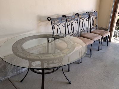 Glass Top Round Dining Table Set with Slate Inlay and 4 Chairs