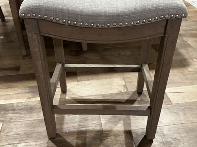 26” Upholstered Saddle Bar Stool with Nailhead Trim and Footrest- Gray Fabric Wooden Frame. Set of 4