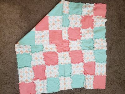 Handmade Pink and Teal Rag Baby Blanket with Butterfly Pattern