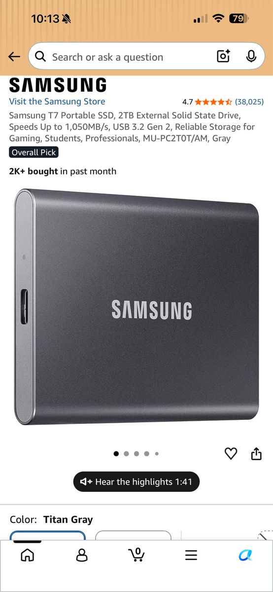 Samsung T7 Portable SSD 2TB External Solid State Drive - Titan Gray