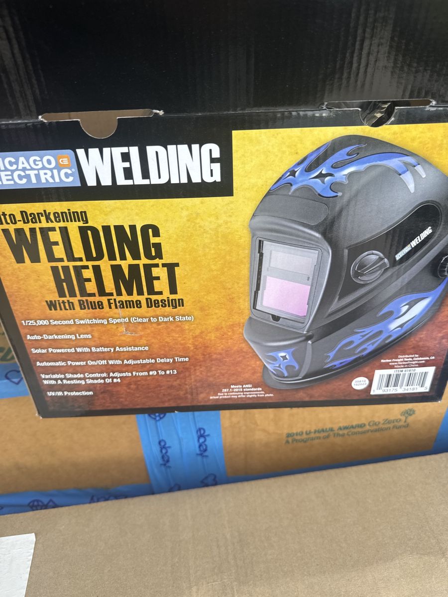 Chicago Electric Auto-Darkening Welding Helmet with Blue Flame Design - New in Box