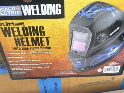 Chicago Electric Auto-Darkening Welding Helmet with Blue Flame Design - New in Box