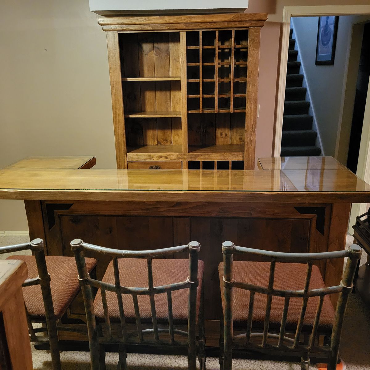 Rustic Wood Home Bar Set, Wine Cabinet & 3 Metal Bar Stools - La Hacienda Collection