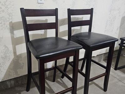 Set of 2 Dark Wooden Bar Stools with Black Padded Seats