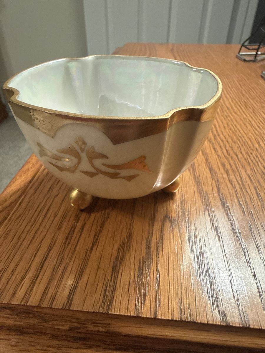 Vintage Hand-Painted Footed Porcelain Bowl Gold Trim Decor