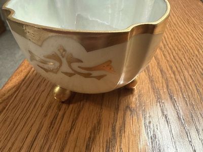 Vintage Hand-Painted Footed Porcelain Bowl Gold Trim Decor