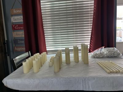 Wedding Decor Lot: Pillars, Floral Arrangements, Vases, Greenery, LED Candles - Complete Set for Events