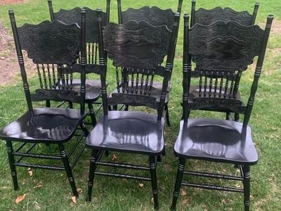 Beautiful Set Of 6 Vintage Black Pressed Back Dining Chairs