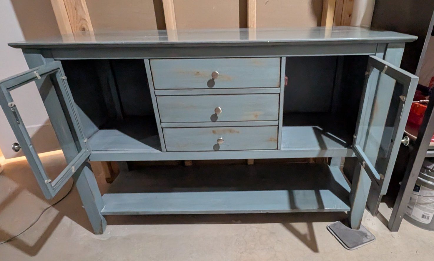 Distressed Blue Wooden Console Table / Sideboard with 3 Drawers and 2 Glass Cabinets
