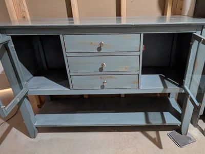Distressed Blue Wooden Console Table / Sideboard with 3 Drawers and 2 Glass Cabinets
