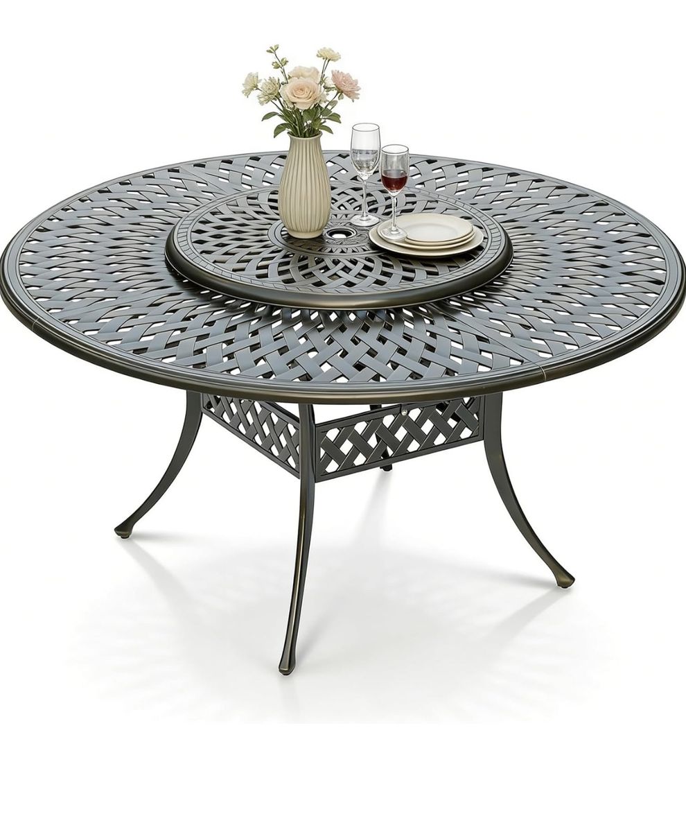 61 Inch Cast Aluminum Round Outdoor Dining Table with Lazy Susan - NEW! MSRP $699