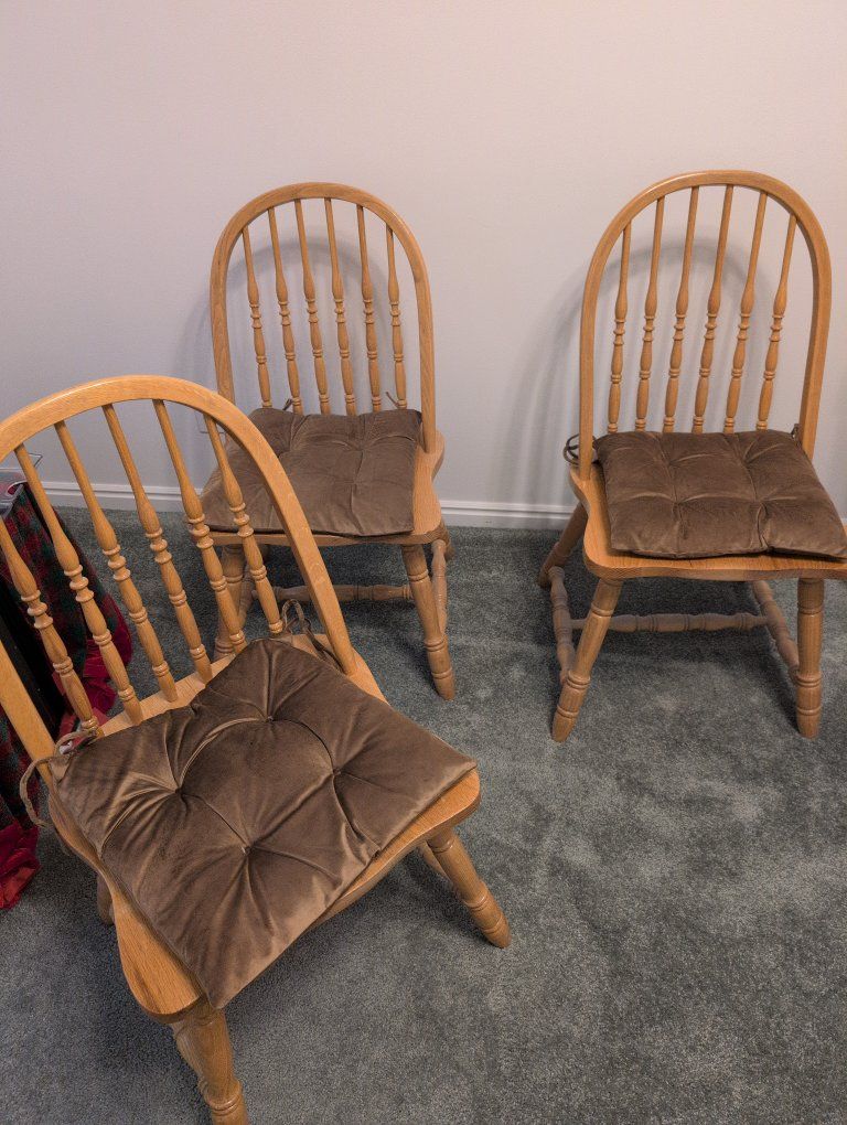 Set of 3 Wood Windsor-Style Dining Chairs with Brown Cushions
