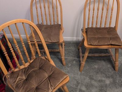 Set of 3 Wood Windsor-Style Dining Chairs with Brown Cushions