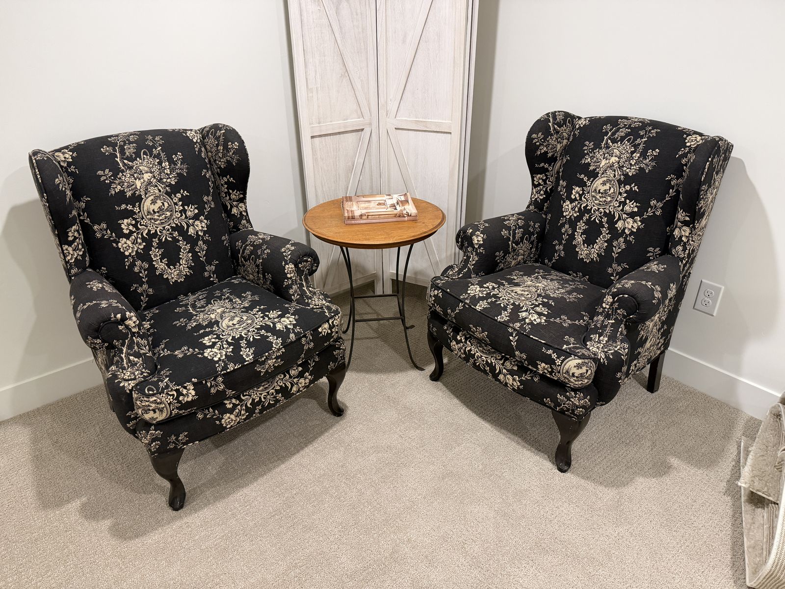 Pair of Toile Pattern Wingback Armchairs - Black & Cream Floral Upholstery