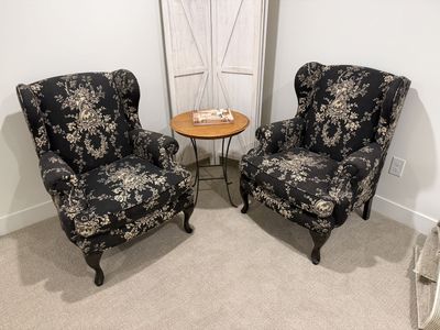 Pair of Toile Pattern Wingback Armchairs - Black & Cream Floral Upholstery