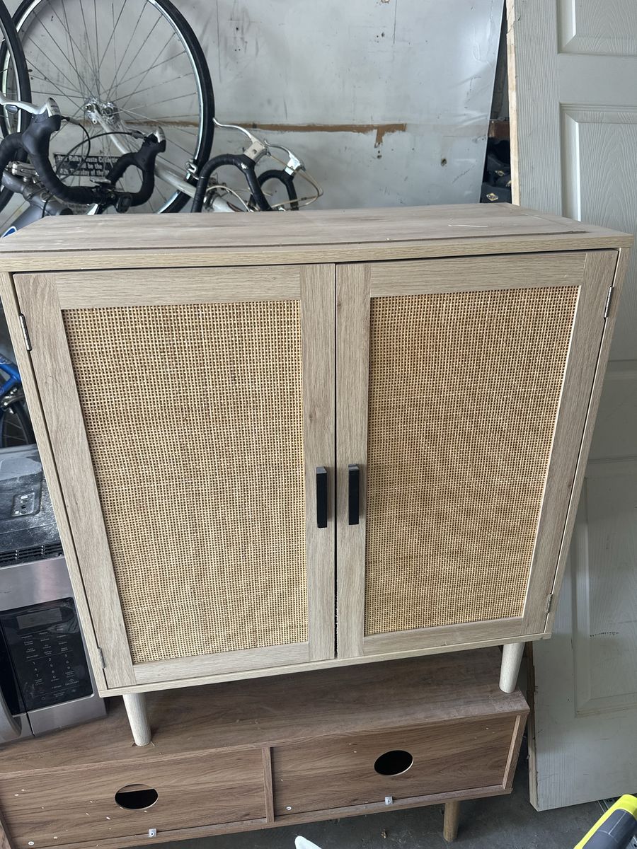 Light Wood Accent Cabinet with Rattan Doors and Interior Shelf