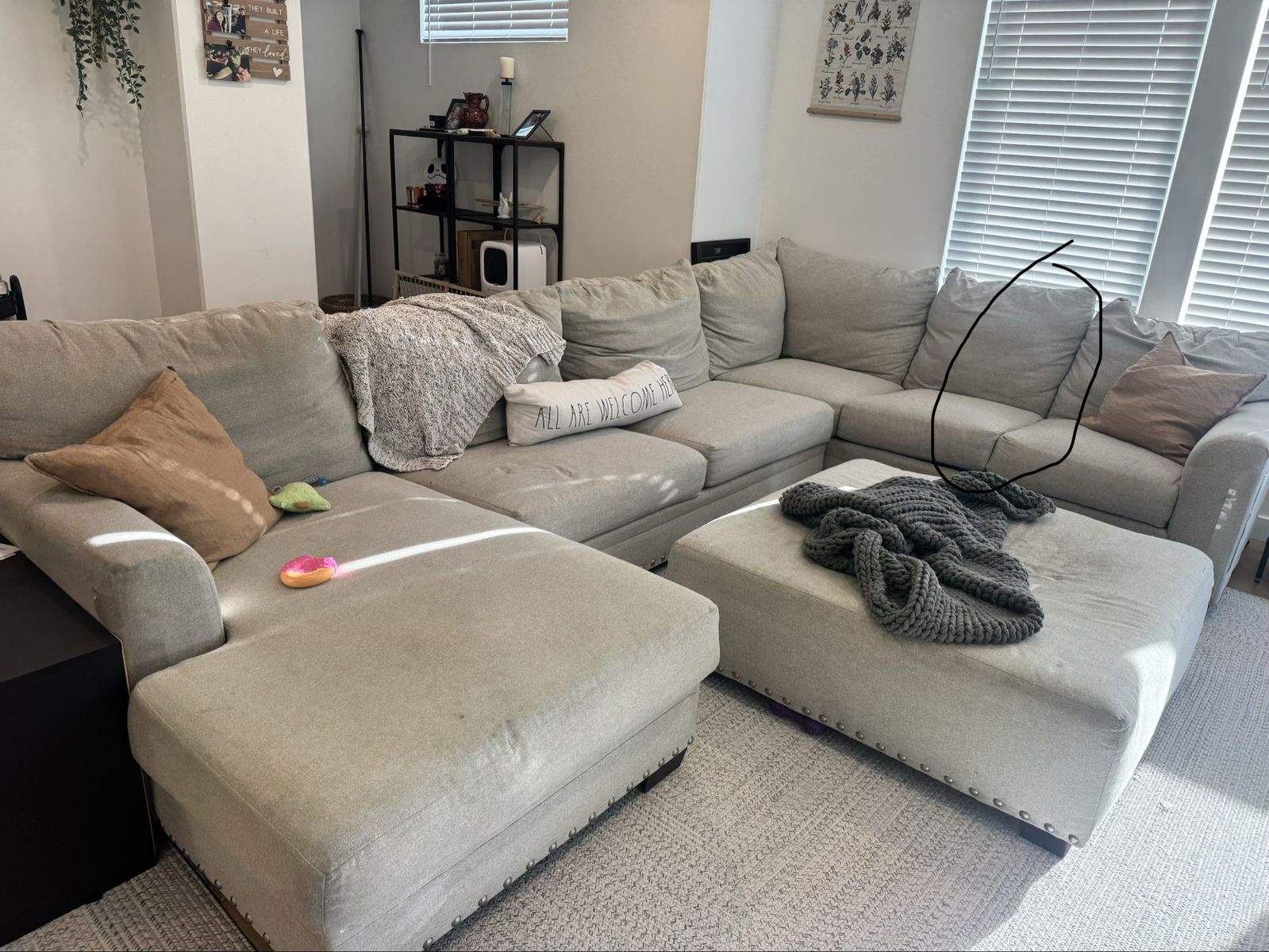 Large Sectional Sofa with Ottoman - Beige Fabric, Nailhead Trim, Damaged Cushion and Stain?