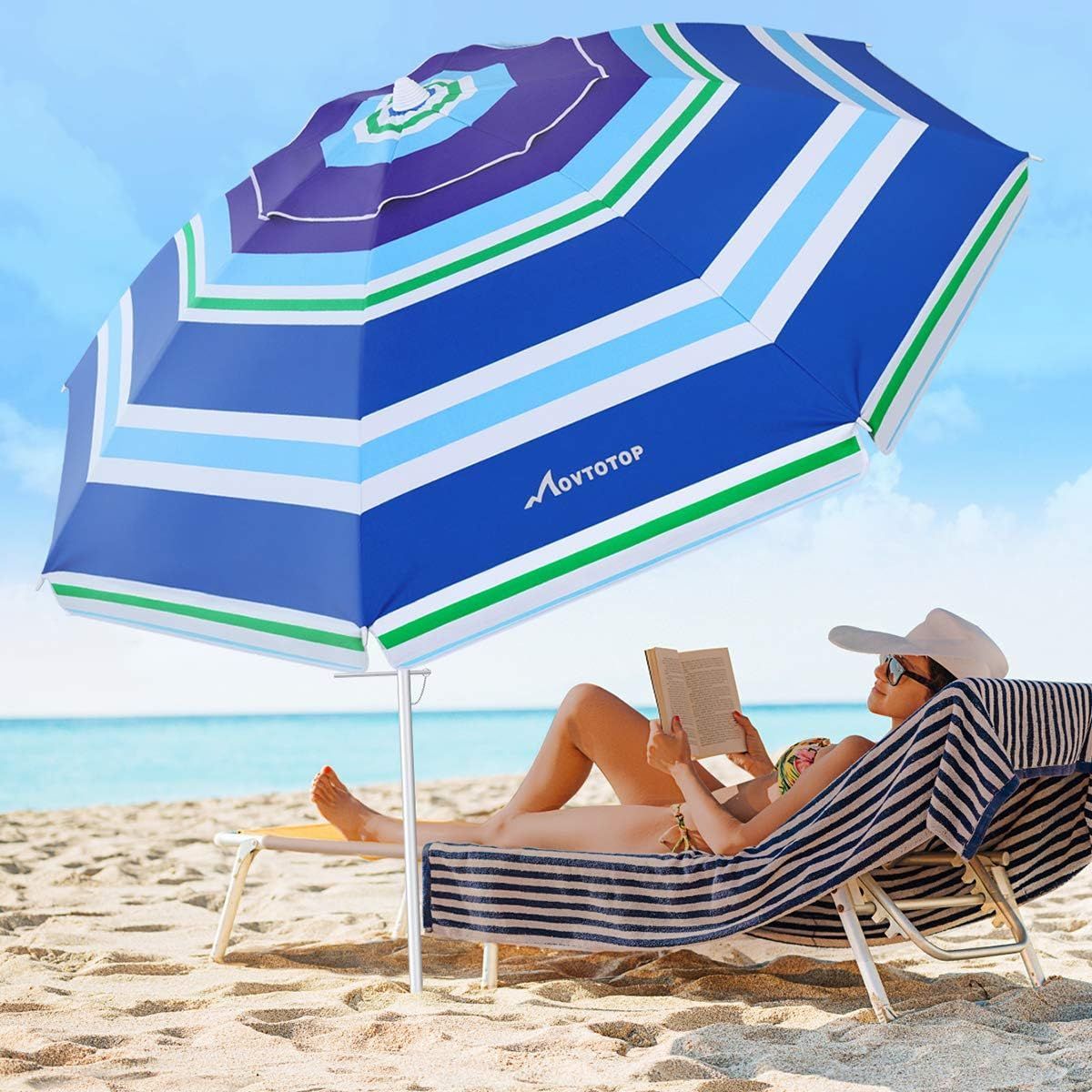 Beach/Patio/Outdoor Umbrella, 6.5ft with Sand Anchor & Tilt Mechanism, Portable with Carry Bag