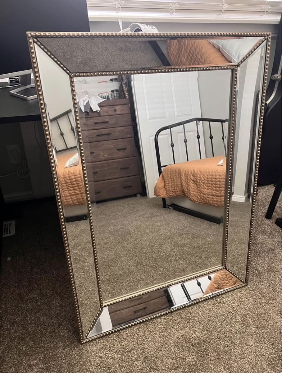 Decorative Beaded Edge Wall Mirror, Large Rectangular Accent Mirror
