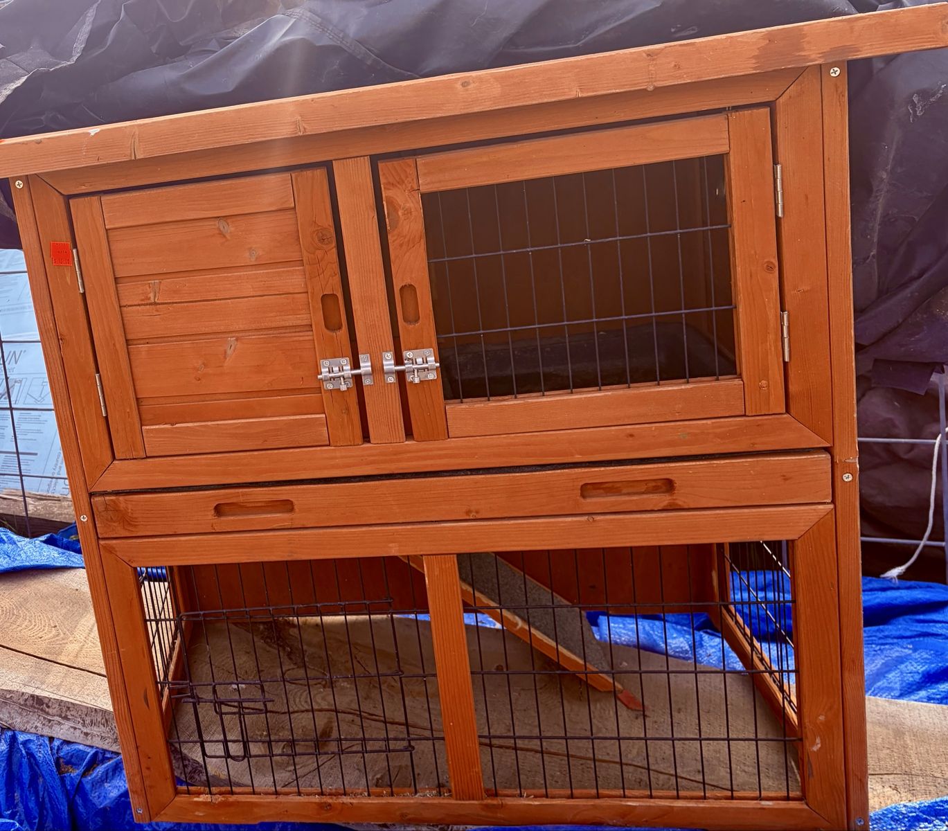 Wooden 2-Story Small Animal Hutch with Ramp, Indoor/Outdoor Pet Cage