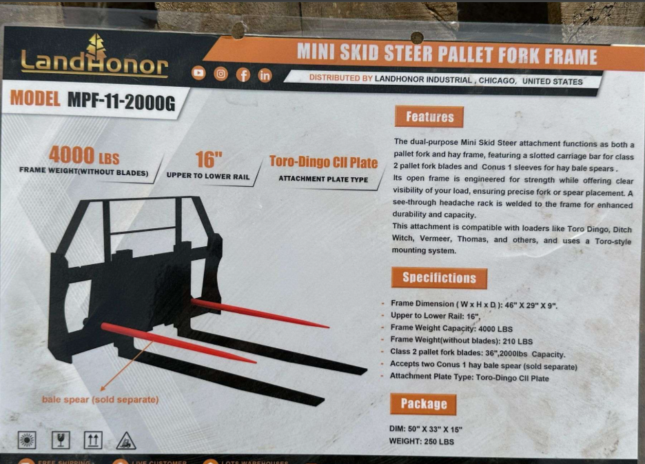 Toro Mini Dingo Mount Frame Utility Small Loader Lift Forks Compact Fork Setup Lift Tool Skid Heavy Frame Pallet Tine Attachment