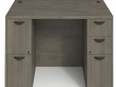 Gray Wood Double Pedestal Office Desk with Multiple Drawers and Storage