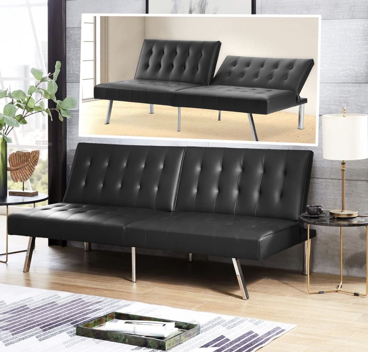 Naomi Home Tufted Split Back Futon Sofa Bed Linen Couch Bed Futon Convertible Sofa Bed