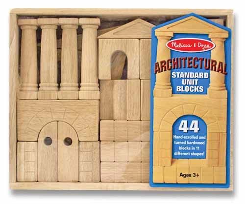 Melissa & Doug Architectural Standard Unit Blocks - 44 Hand-Scrolled Hardwood Blocks (Ages 3+)