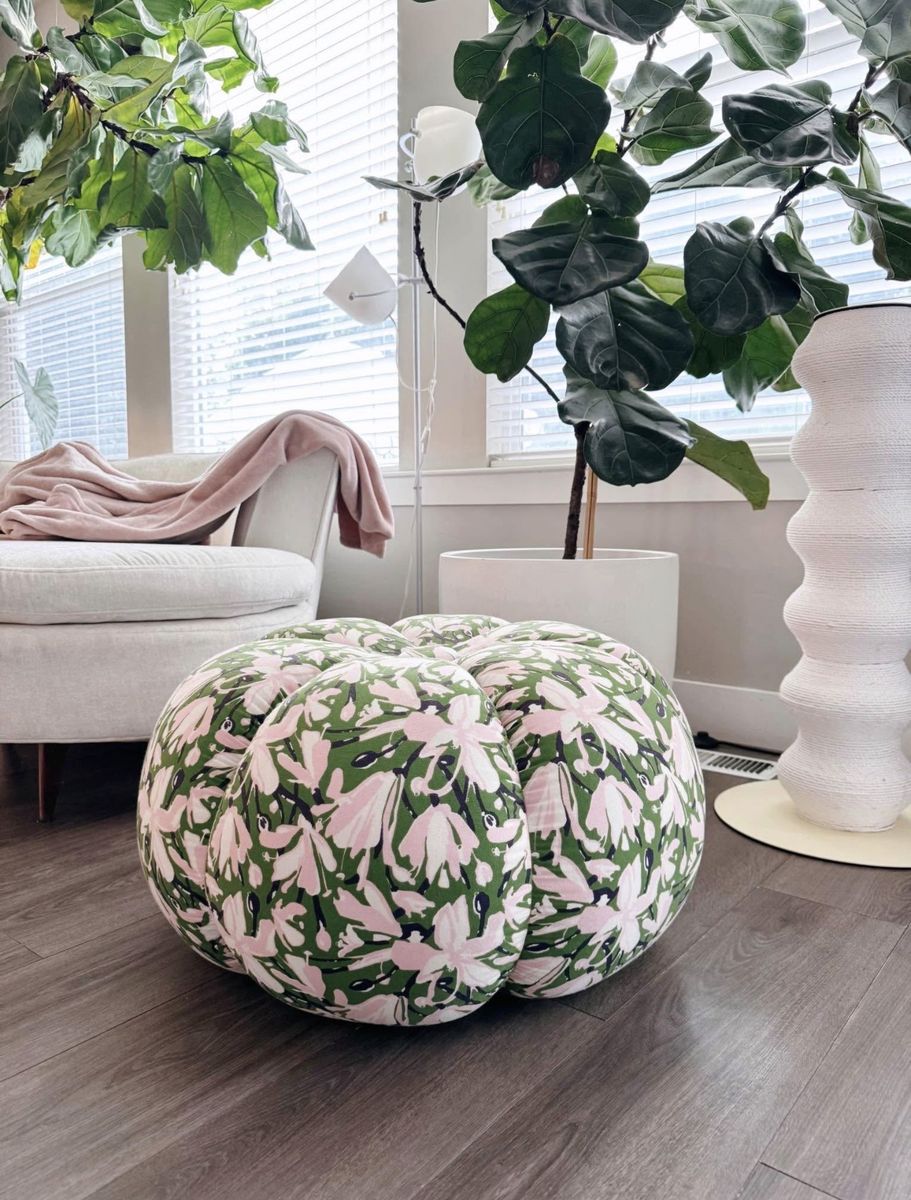 Anthropologie + WHIT Pink Floral Pouf Ottoman